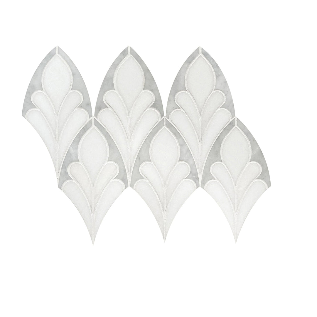Single 7x12 inch Carrara & Thassos Soft Floral Marble Waterjet Mosaic Tile – delicate floral pattern in polished white marble.