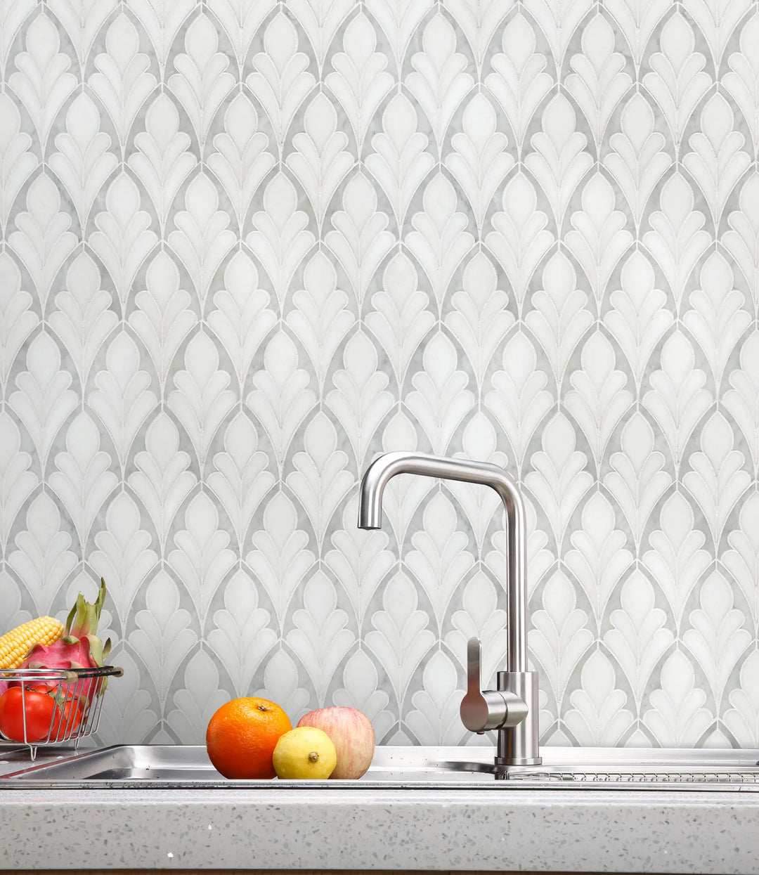 Kitchen wall featuring Carrara & Thassos Soft Floral Marble Waterjet Mosaic Tile – polished floral marble pattern adding elegance