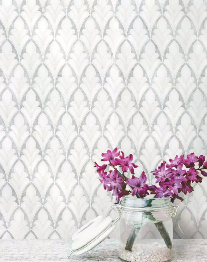 Modern kitchen backsplash with 7x12 inch Carrara & Thassos Soft Floral Marble Waterjet Mosaic Tile.
