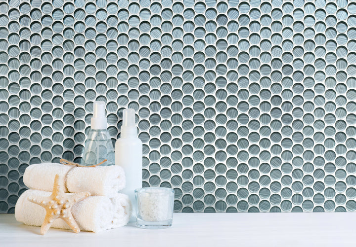 Modern bathroom wall with Inkjet Blue Glass Penny Mosaic Tile – bold and glossy round tile accent