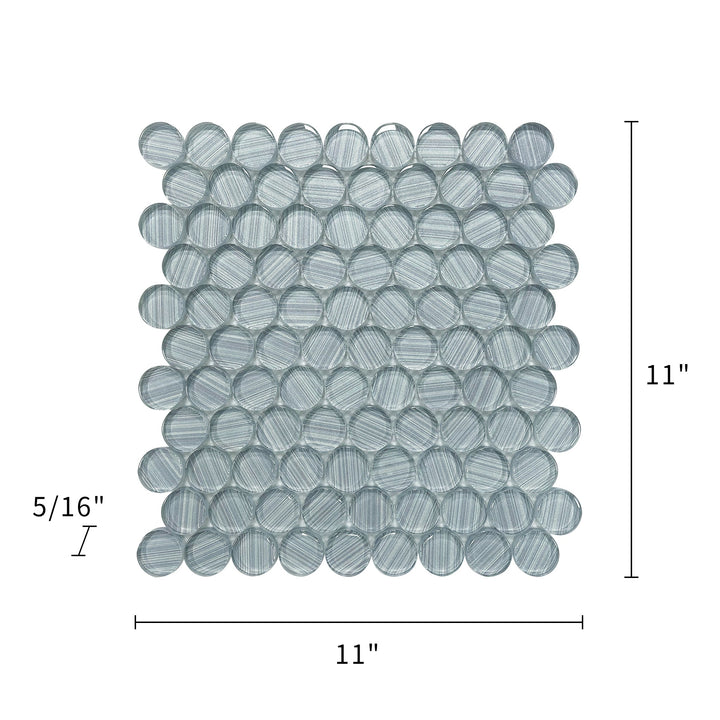 Dimension layout of Inkjet Blue 11-in x 11-in Glass Penny Mosaic Tile – round mosaic with size labels