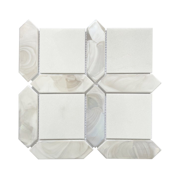 Single 11x11 inch Thassos White Marble and Glass Mosaic Tile – glossy white mosaic wall tile, 0.84 sq. ft per piece