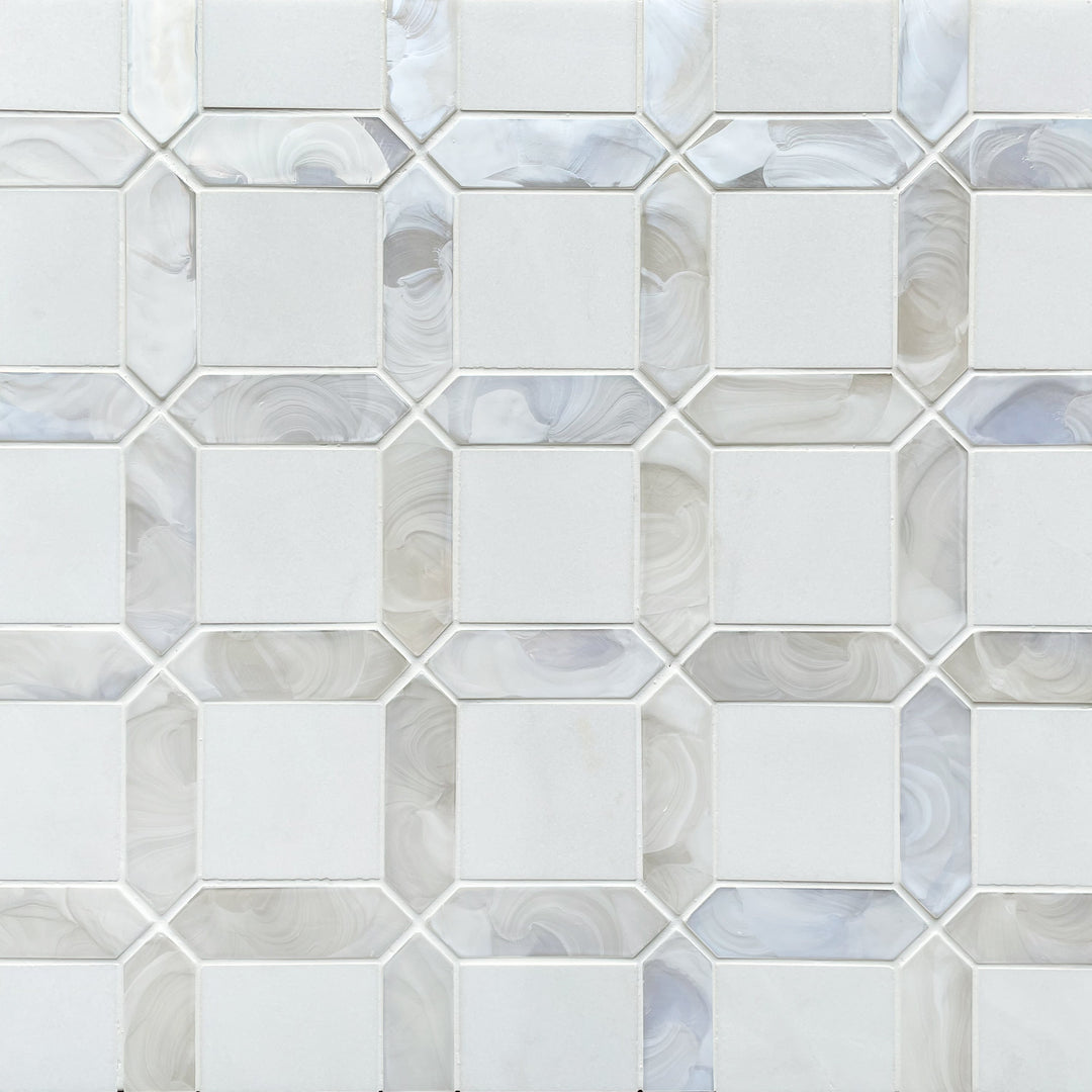 Sample display board of Thassos White Marble & Glass Mosaic Wall Tile – elegant 11x11 layout for showroom or presentation