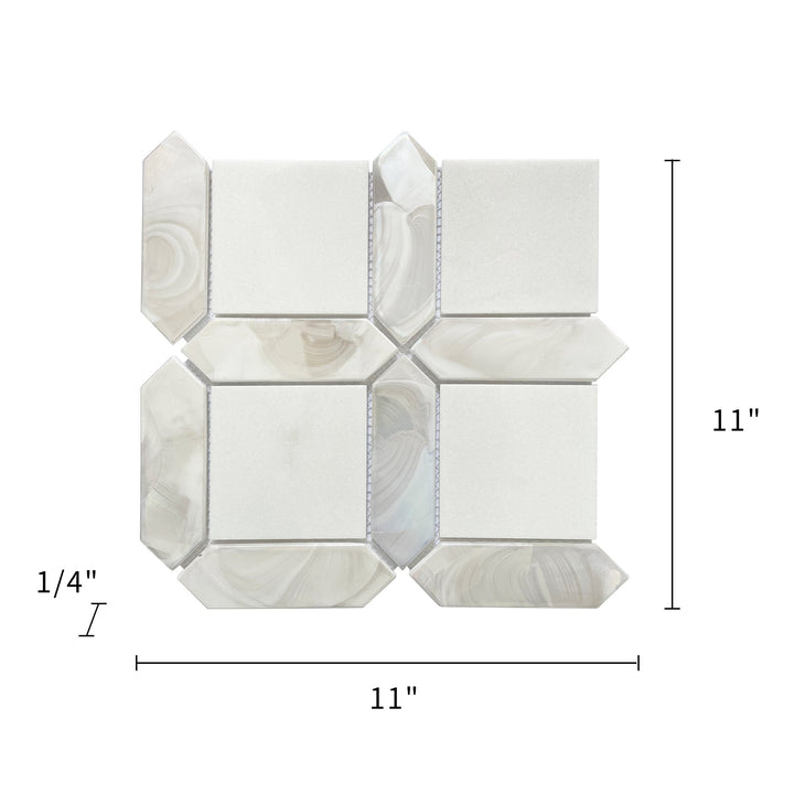 Size diagram of 11x11 inch Thassos White Marble and Glass Mosaic Tile – labeled for wall use, 0.84 sq. ft coverage