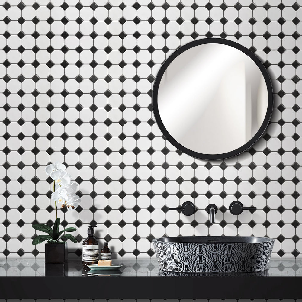 Bathroom feature wall with Matte Octagon 11.6x11.6 Porcelain Mosaic Tiles – soft neutral ton