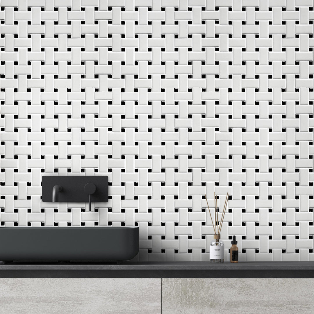 Bathroom wall and floor with Basketweave 12x12 in. porcelain mosaic tiles – matte and satin finish.