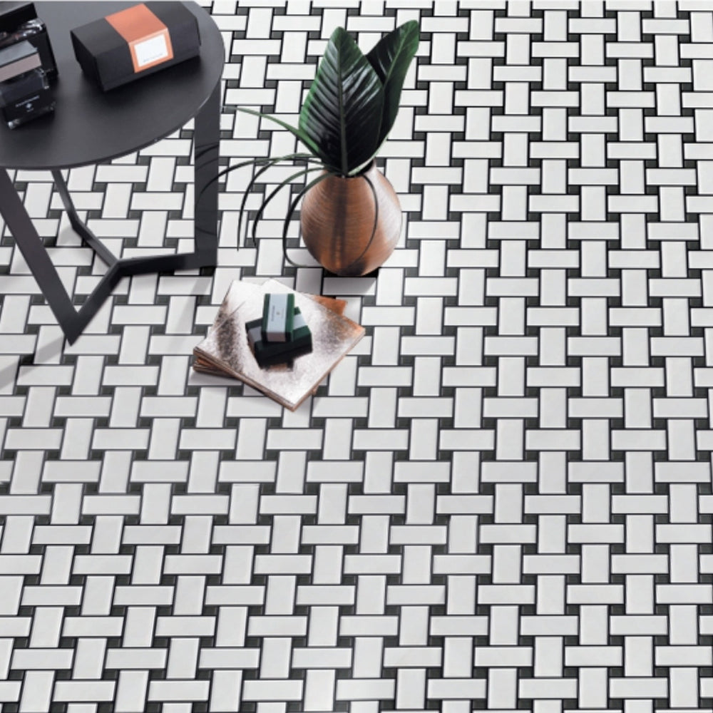 Basketweave porcelain mosaic tile featured on living room wall – elegant matte and satin finish.