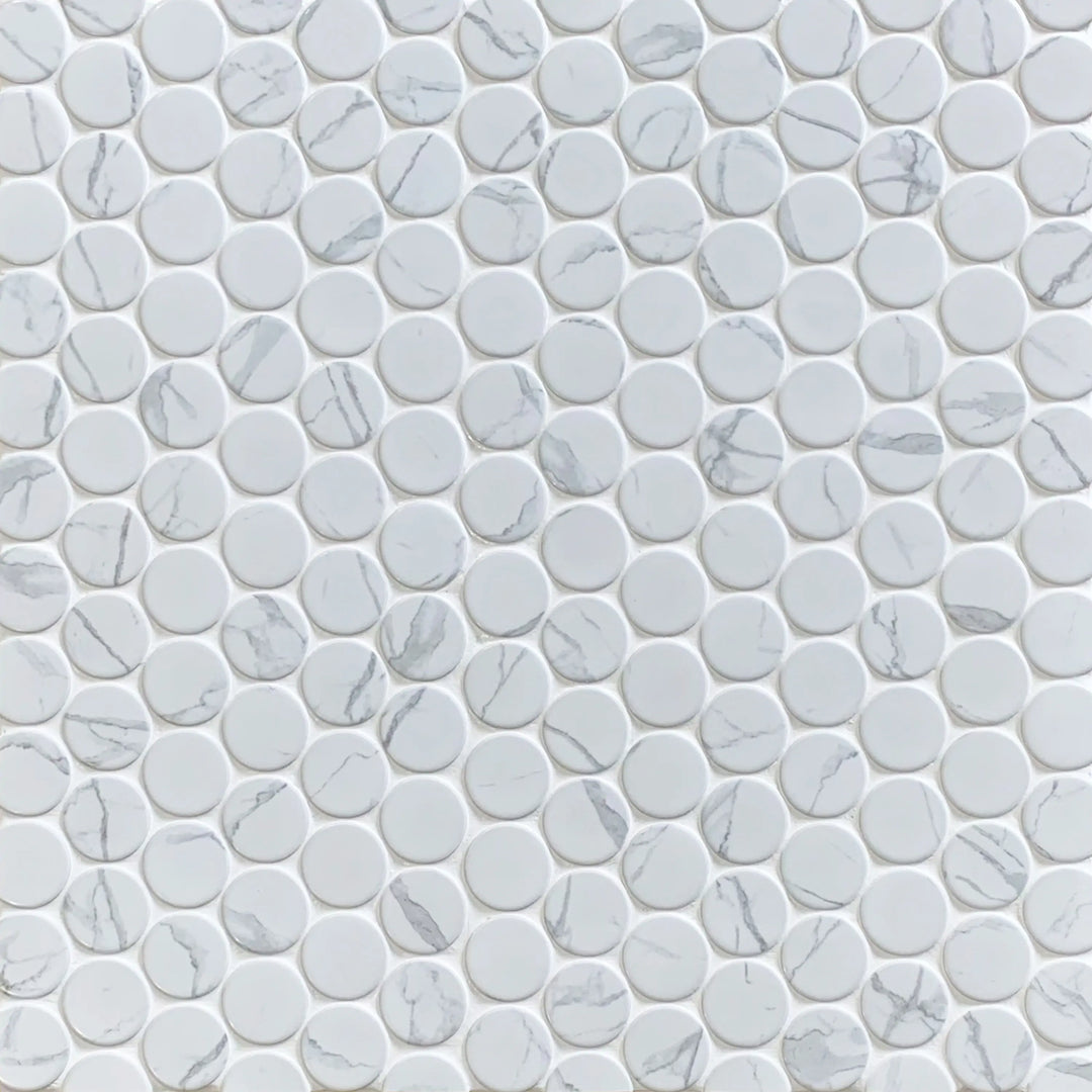 Display board of 2-inch Penny Round Glazed Satin Porcelain Mosaic Tiles – satin glazed porcelain mosaic arranged for showroom display.