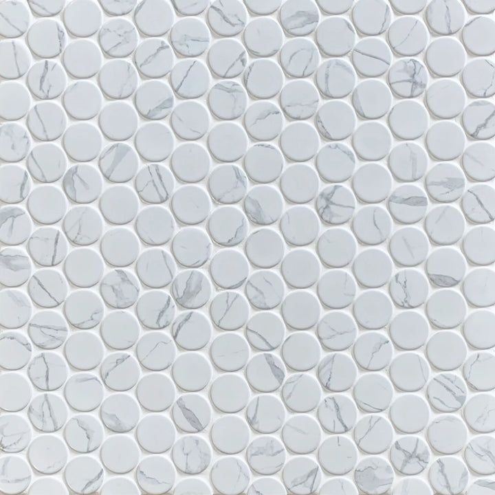 Display board of 2-inch Penny Round Glazed Satin Porcelain Mosaic Tiles – satin glazed porcelain mosaic arranged for showroom display.