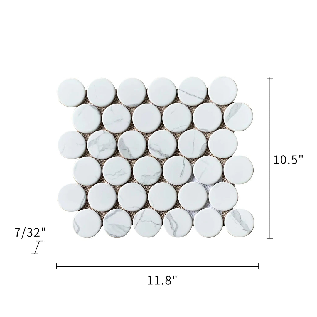 Size diagram of 2-inch Penny Round Glazed Satin Porcelain Mosaic Tile – 12x10.5 inch tile with labeled dimensions for floor and wall.