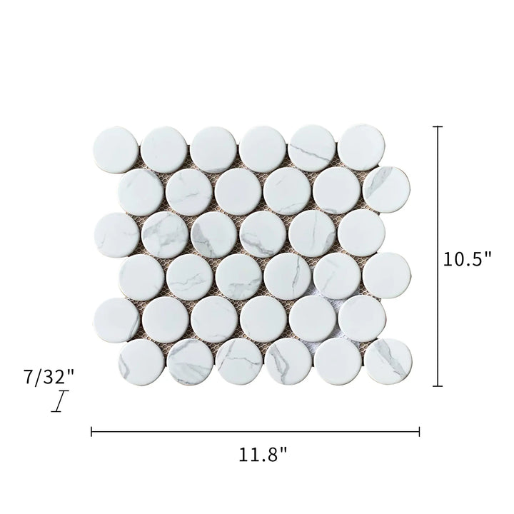 Size diagram of 2-inch Penny Round Glazed Satin Porcelain Mosaic Tile – 12x10.5 inch tile with labeled dimensions for floor and wall.