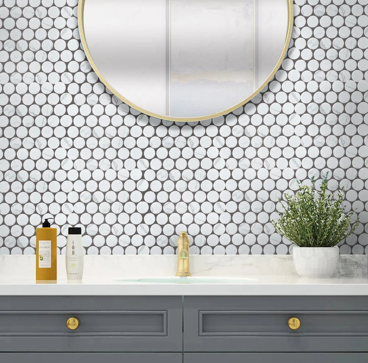 Bathroom wall and floor with 2-inch Penny Round Glazed Satin Porcelain Mosaic Tile – satin glazed porcelain mosaic design for bath areas.