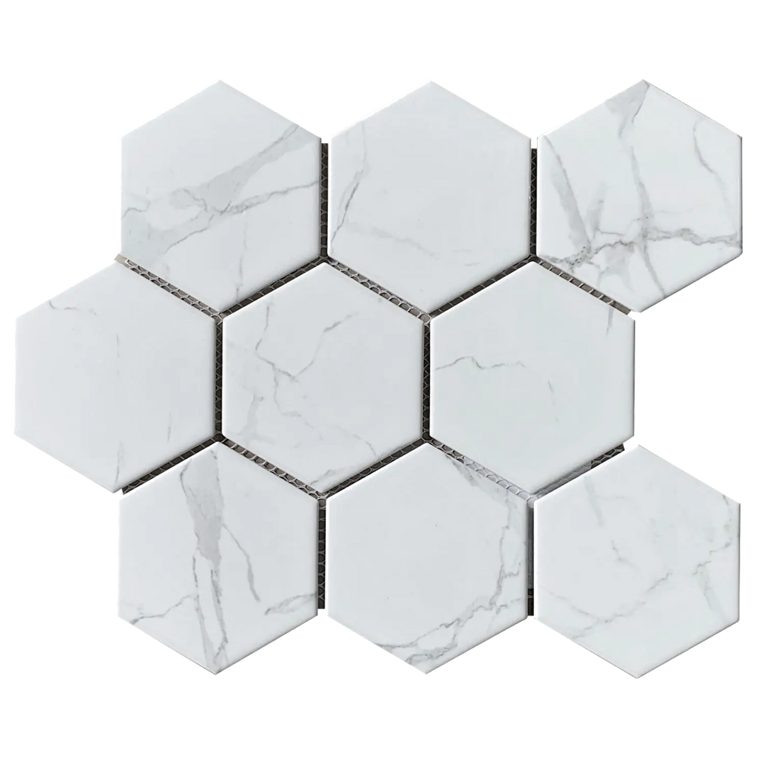 4-inch Hexagon Statuario Satin Porcelain Mosaic Tile – single 12x10 inch glazed tile for modern floor and wall applications.