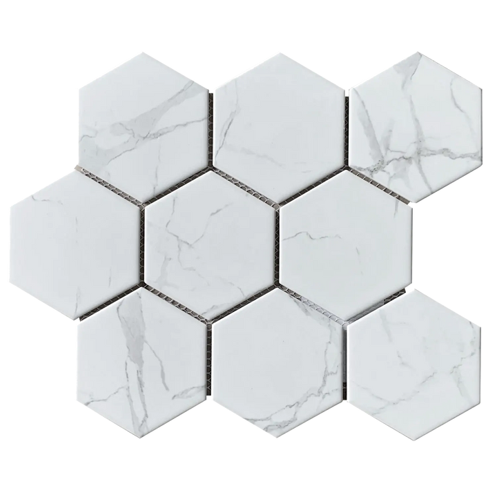 4-inch Hexagon Statuario Satin Porcelain Mosaic Tile – single 12x10 inch glazed tile for modern floor and wall applications.