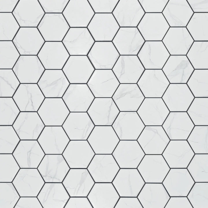 Display board of 4-in Hexagon Statuario Satin Porcelain Mosaic Tiles – satin glazed tiles arranged for showroom presentation.