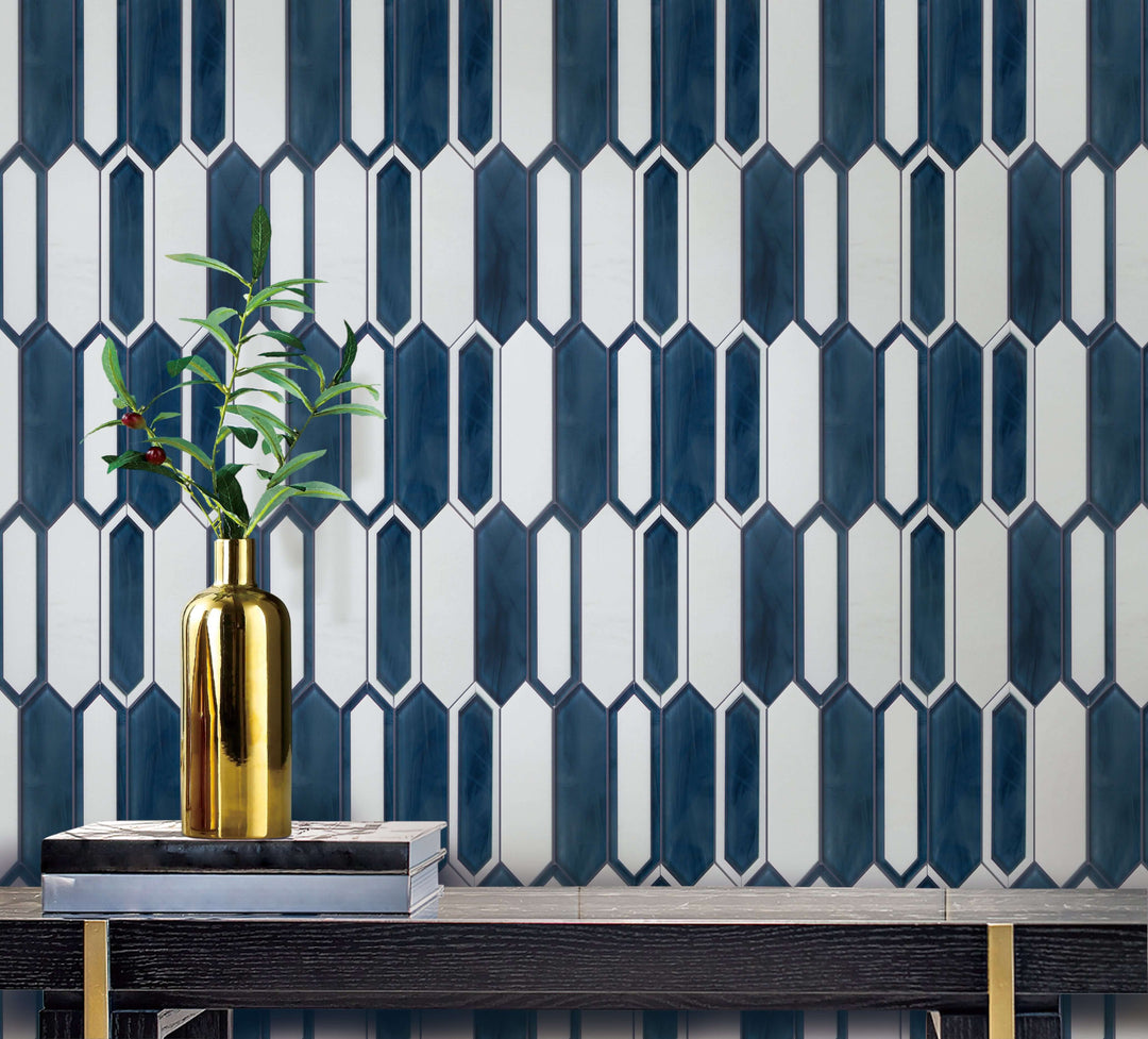 Contemporary wall installation using Thassos Marble with Inkjet Glass Mosaic Tiles – 14x10 inch glossy surface