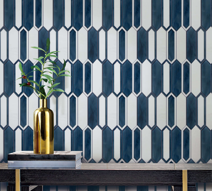 Contemporary wall installation using Thassos Marble with Inkjet Glass Mosaic Tiles – 14x10 inch glossy surface