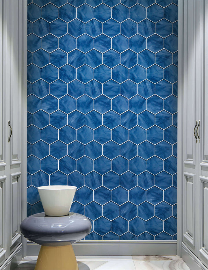 Contemporary kitchen backsplash featuring 12x12 Blue Inkjet Glass Hexagon Mosaic Wall Tile – modern design