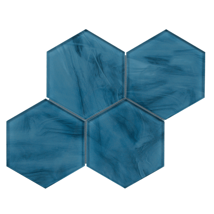 Single 12x12 inch sheet of 6-inch Blue Hexagon Inkjet Glass Mosaic Wall Tile – modern blue tone
