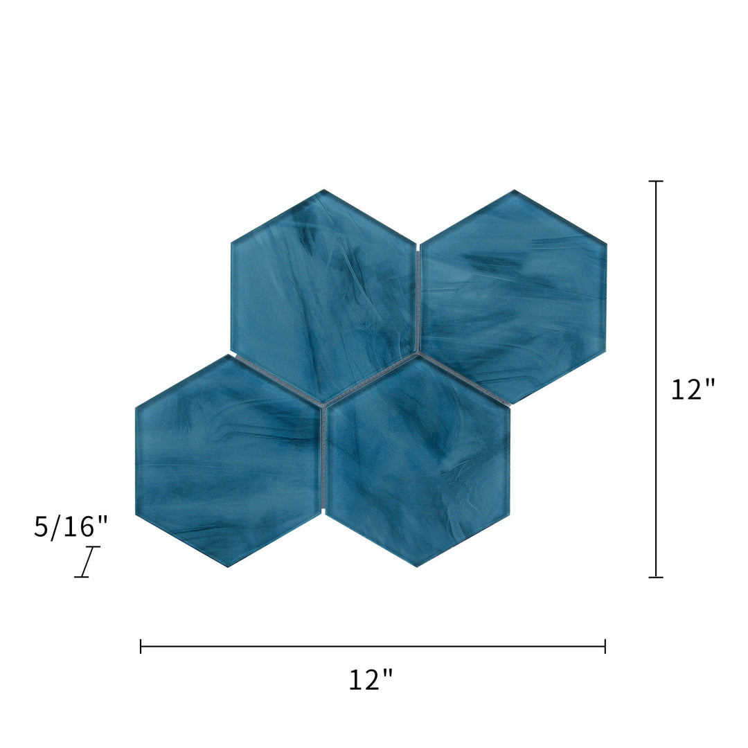 Dimensions of 6-inch Blue Hexagon Inkjet Glass Mosaic Wall Tile – 12x12 inch sheet covering 1 sq. ft