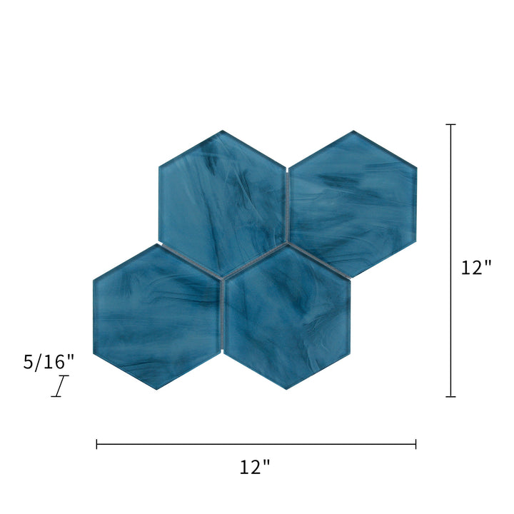 Dimensions of 6-inch Blue Hexagon Inkjet Glass Mosaic Wall Tile – 12x12 inch sheet covering 1 sq. ft