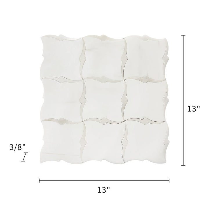 Size diagram of Dolomite & Calacatta Marble Waterjet Mosaic Tile – labeled 13-in x 13-in sheet, 1.17 sq. ft coverage