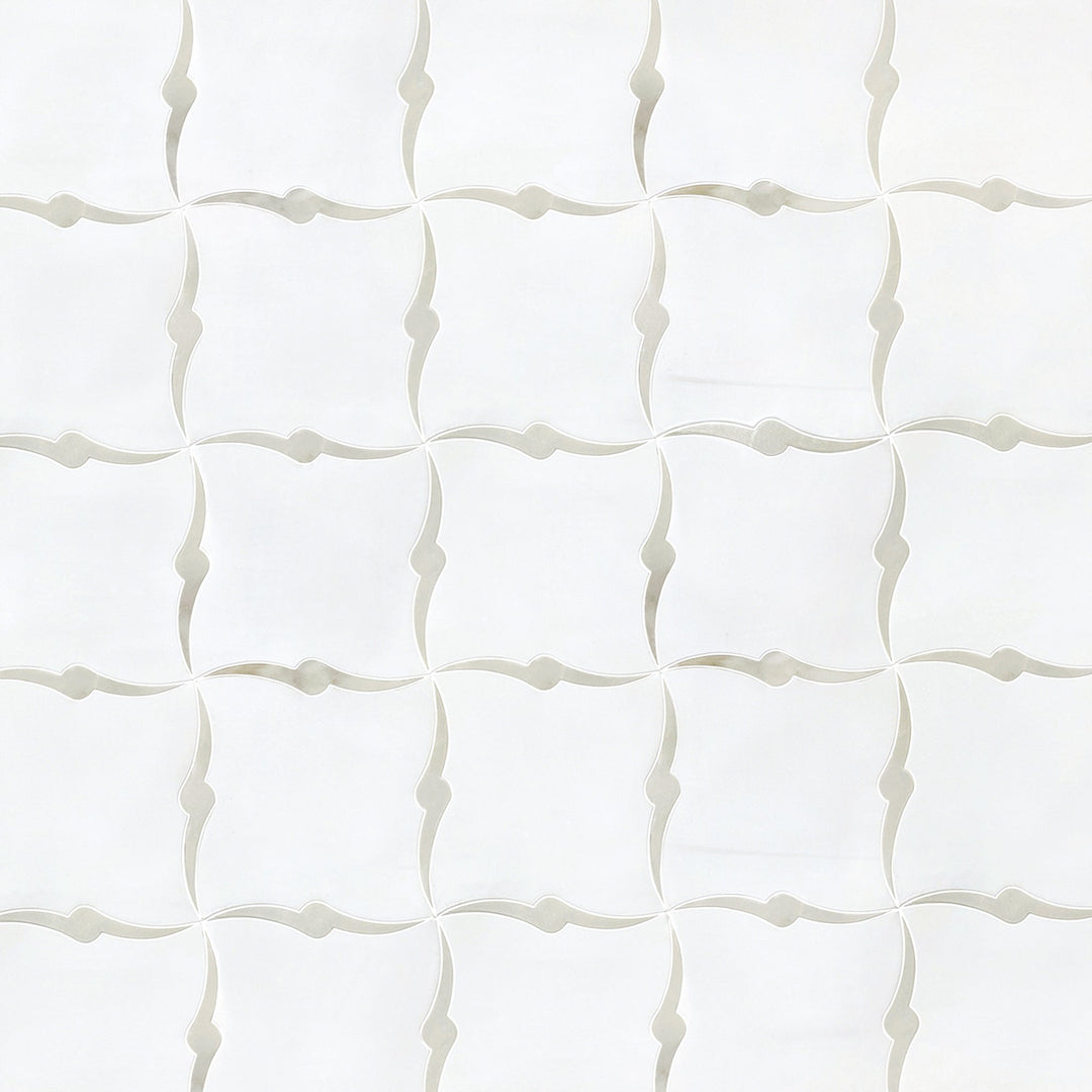Sample board with Dolomite and Calacatta Waterjet Marble Mosaic Tiles – 1.17 sq. ft per piece, seamless design