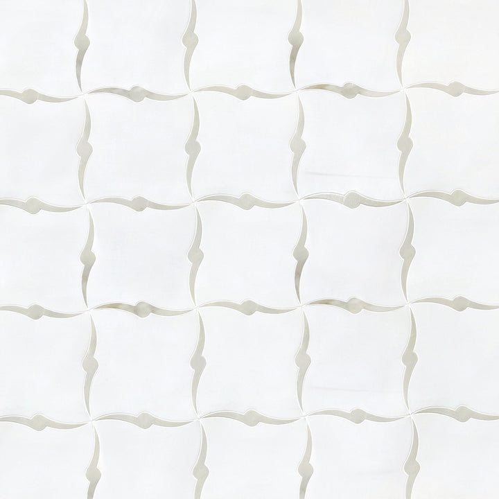 Sample board with Dolomite and Calacatta Waterjet Marble Mosaic Tiles – 1.17 sq. ft per piece, seamless design