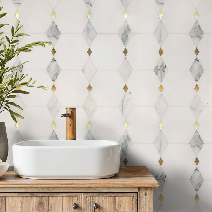 Modern interior with Calacatta, Thassos, and Brass Waterjet Marble Tiles used on floor and accent wall – 12x12 mosaic design