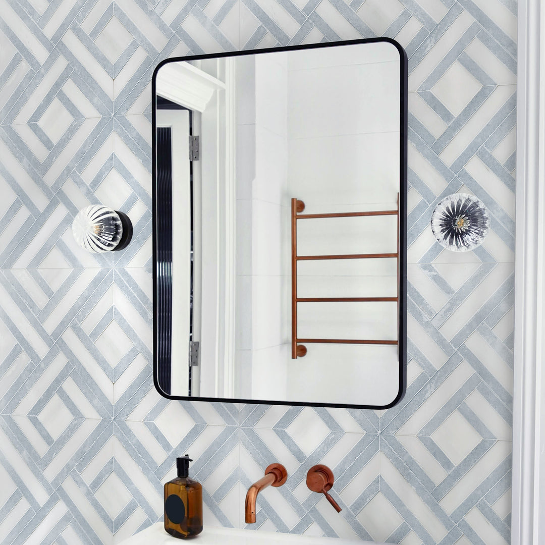 Interior room featuring Blue Celeste and Dolomite Marble Waterjet Mosaic Tiles on wall and floor – soft blue and white tones