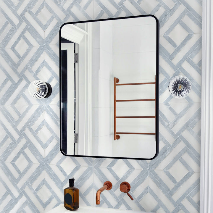 Interior room featuring Blue Celeste and Dolomite Marble Waterjet Mosaic Tiles on wall and floor – soft blue and white tones