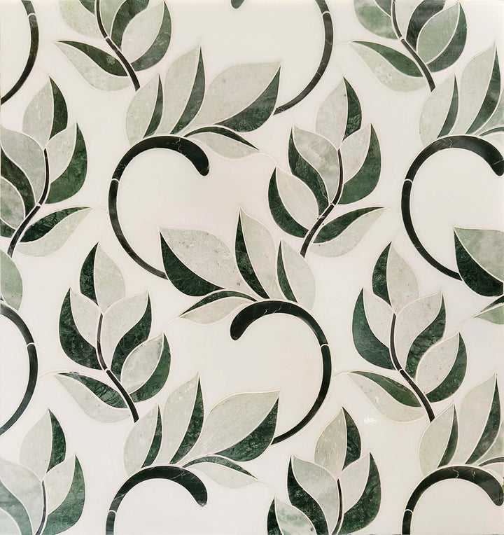 Display board showing Thassos & Nero & Green Flower Waterjet Marble Mosaic Tiles in repeated pattern – 1.4 sq. ft per tile