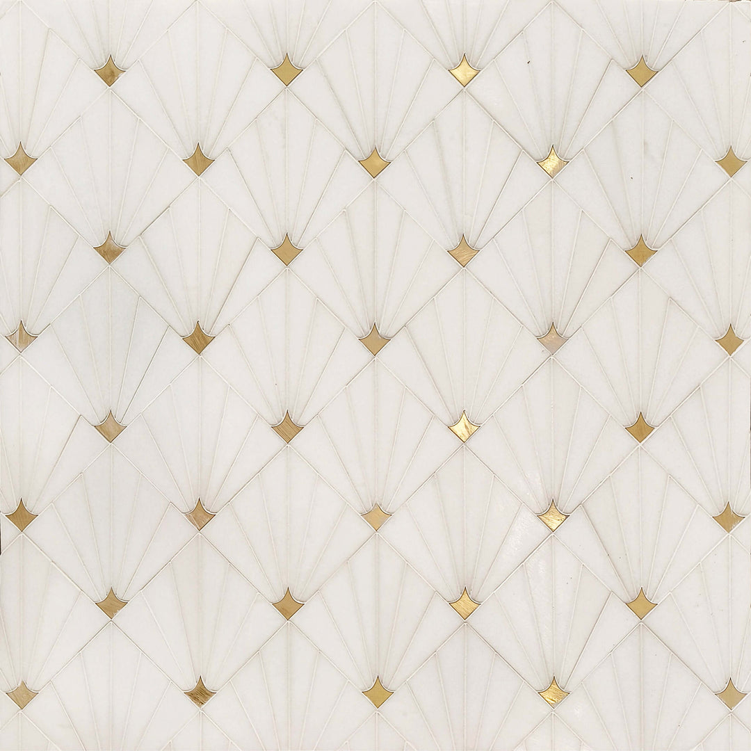 Thassos marble and brass waterjet mosaic tile, 11x11 inches, polished finish, for elegant floor and wall design, 0.86 sq. ft. per piece.