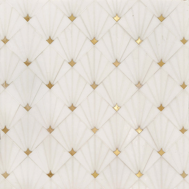 Thassos marble and brass waterjet mosaic tile, 11x11 inches, polished finish, for elegant floor and wall design, 0.86 sq. ft. per piece.
