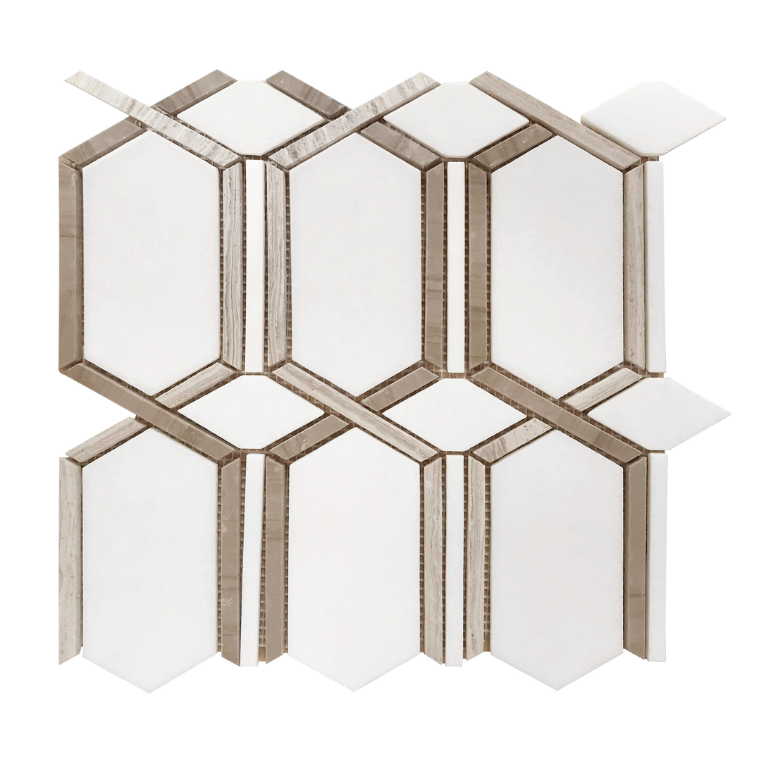 Single 12x12 inch Wooden White, Athens Gray, and Thassos Geometric Waterjet Mosaic Tile – polished marble tile with geometric pattern blending white and gray tones.