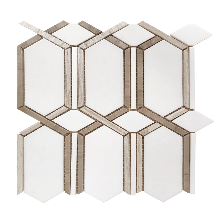 Single 12x12 inch Wooden White, Athens Gray, and Thassos Geometric Waterjet Mosaic Tile – polished marble tile with geometric pattern blending white and gray tones.
