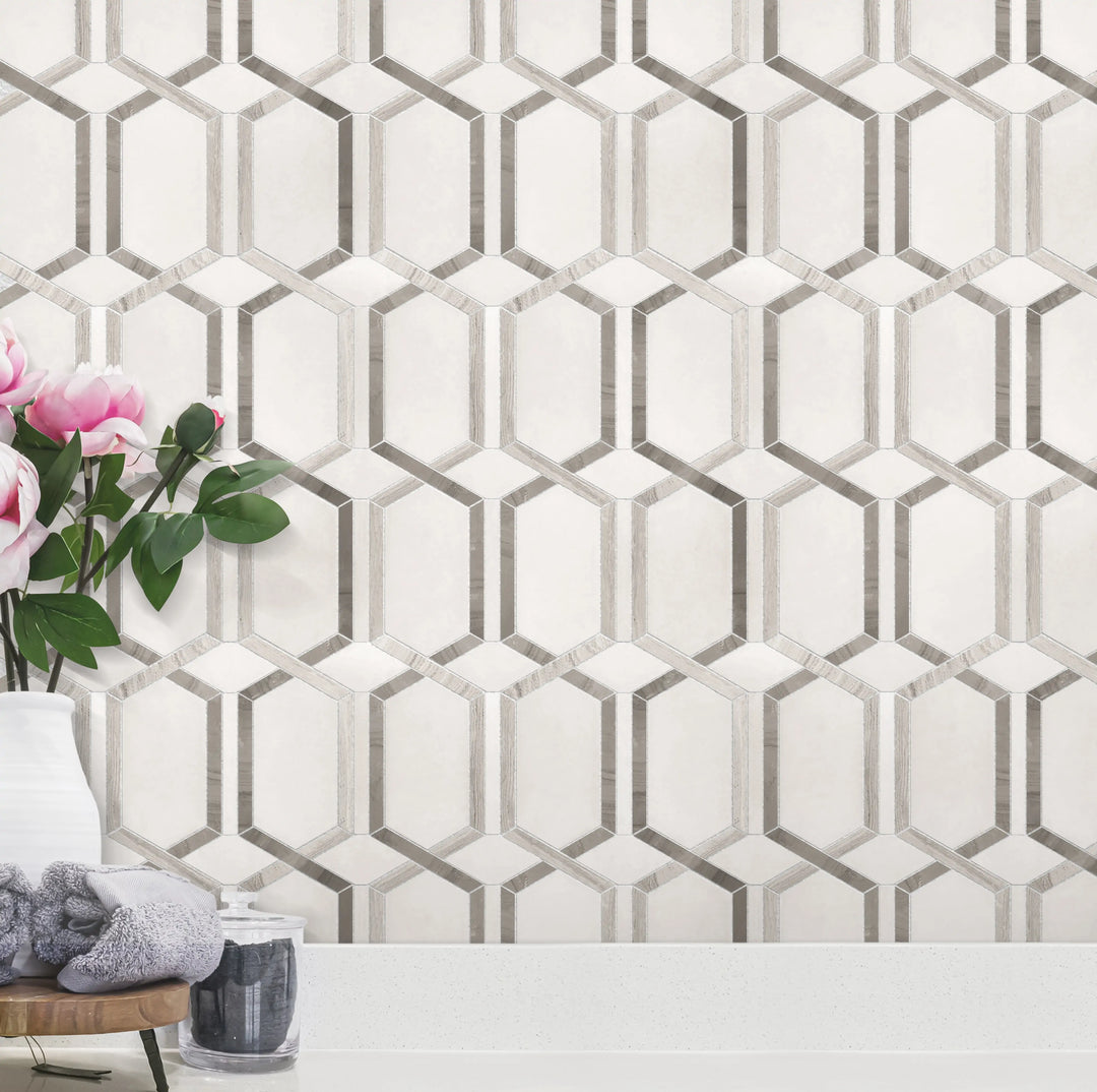 Living room accent wall showcasing Wooden White, Athens Gray, and Thassos Geometric Waterjet Mosaic Tile – polished marble geometric design adding texture and depth.