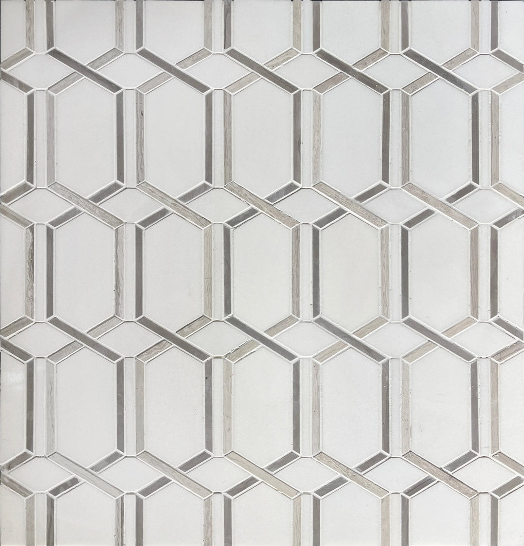 Sample display board showcasing Wooden White, Athens Gray, and Thassos Geometric Waterjet Mosaic Tile – stylish marble mosaic with a geometric design for showroom presentation.
