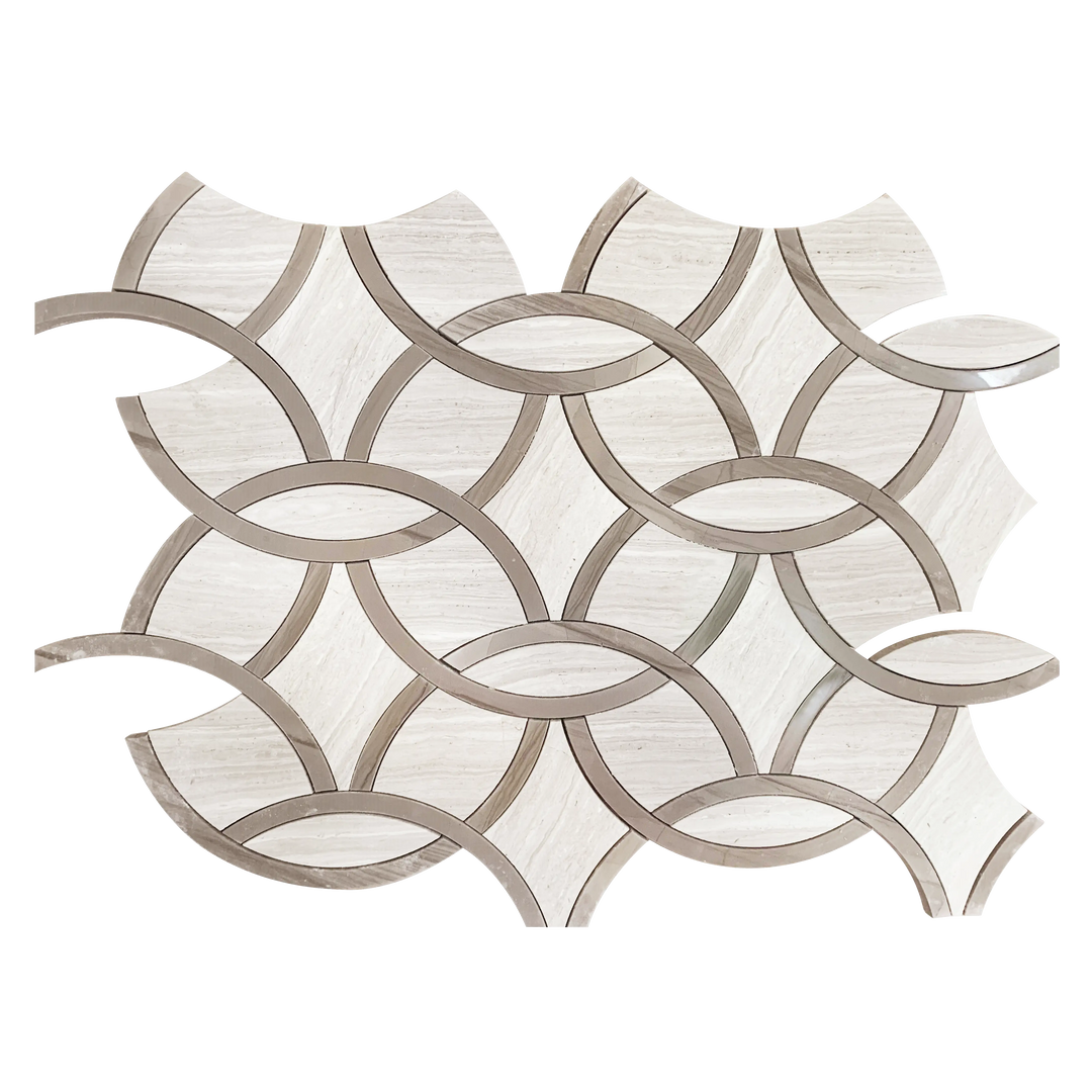 Single 9.5x14.5 inch Wooden White and Athens Gray Marble Waterjet Mosaic Tile with Interlocking Circle Pattern – polished marble with intricate interlocking circles.