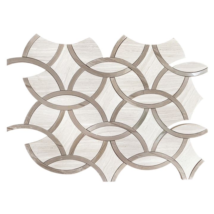 Single 9.5x14.5 inch Wooden White and Athens Gray Marble Waterjet Mosaic Tile with Interlocking Circle Pattern – polished marble with intricate interlocking circles.
