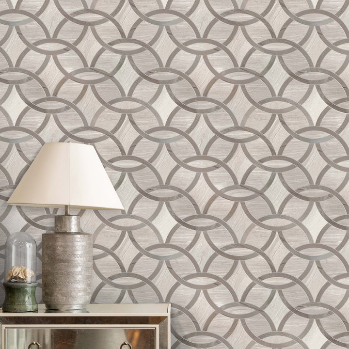 Living room accent wall showcasing Wooden White and Athens Gray Marble Interlocking Circle Waterjet Mosaic Tile – sophisticated marble mosaic with a unique geometric pattern.