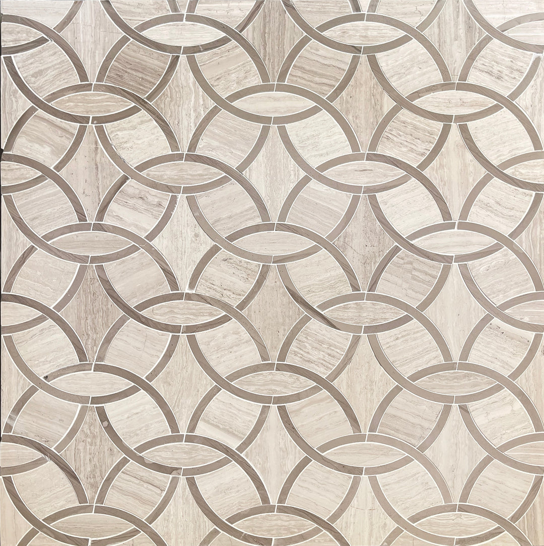 Sample display board showcasing Wooden White & Athens Gray Marble Interlocking Circle Waterjet Mosaic Tile – refined marble mosaic with unique interlocking circle design.
