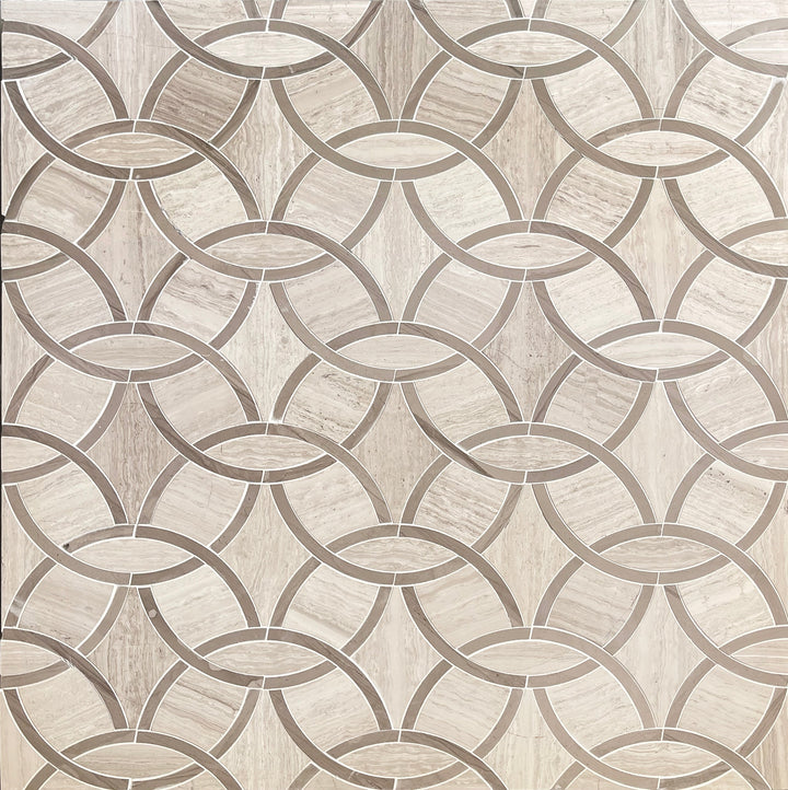 Sample display board showcasing Wooden White & Athens Gray Marble Interlocking Circle Waterjet Mosaic Tile – refined marble mosaic with unique interlocking circle design.