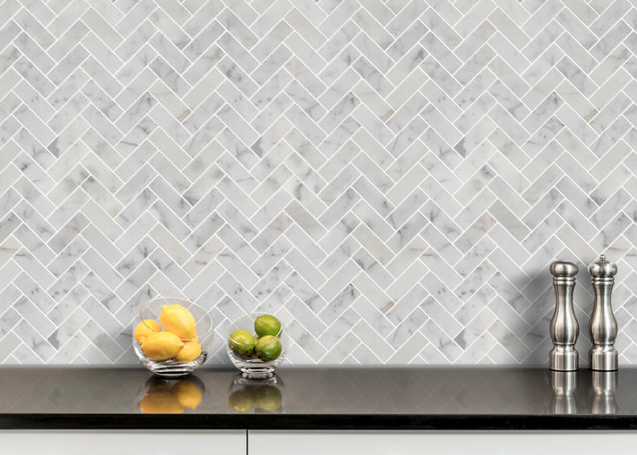 Calacatta honed marble herringbone tile in modern kitchen – clean white veining enhances culinary space