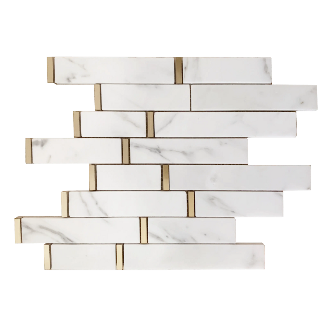 Single 11x11 inch Calacatta Marble Waterjet Mosaic Tile with Gold Accents – polished surface with random-length marble and subtle metallic detail