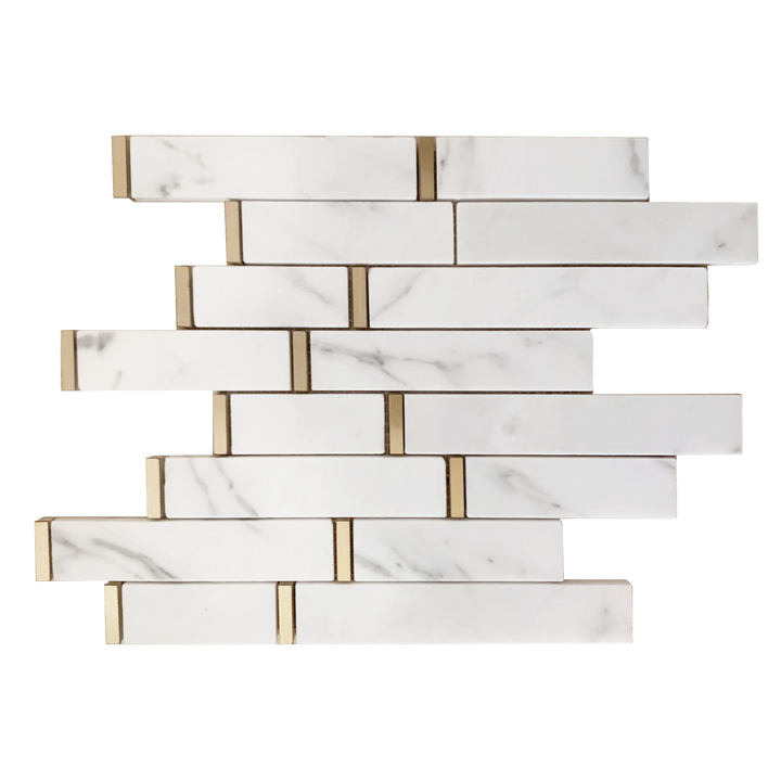 Single 11x11 inch Calacatta Marble Waterjet Mosaic Tile with Gold Accents – polished surface with random-length marble and subtle metallic detail