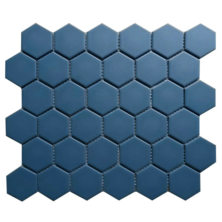 Single 13x11 inch Wave Navy Blue 2-in Hexagon Matte Porcelain Mosaic Tile – deep navy blue hexagon pattern with matte finish.