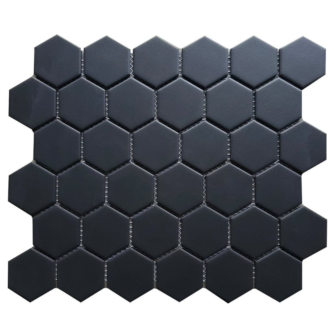 Single 13x11 inch Black Hexagon Matte Porcelain Mosaic Tile – bold black tile with 2-inch hexagon pattern.