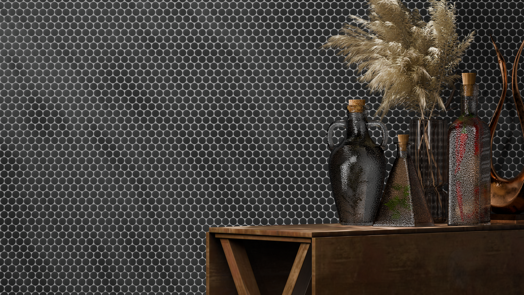 Modern kitchen backsplash with Penny Round Black Porcelain Mosaic Tile – matte 12.4x11.5 in. sheet.