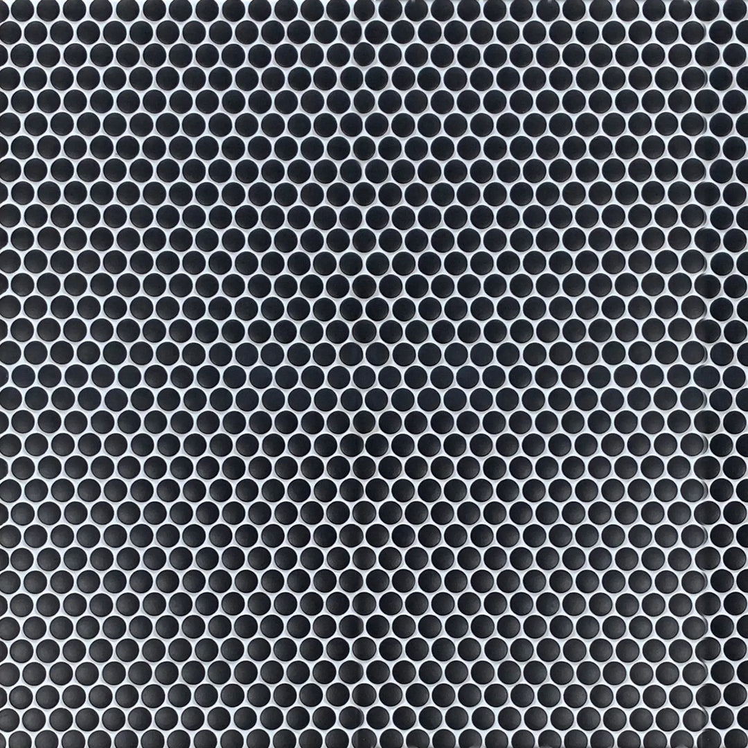Sample board featuring Penny Round Black Porcelain Tile – matte finish 12.4-in x 11.5-in layout.